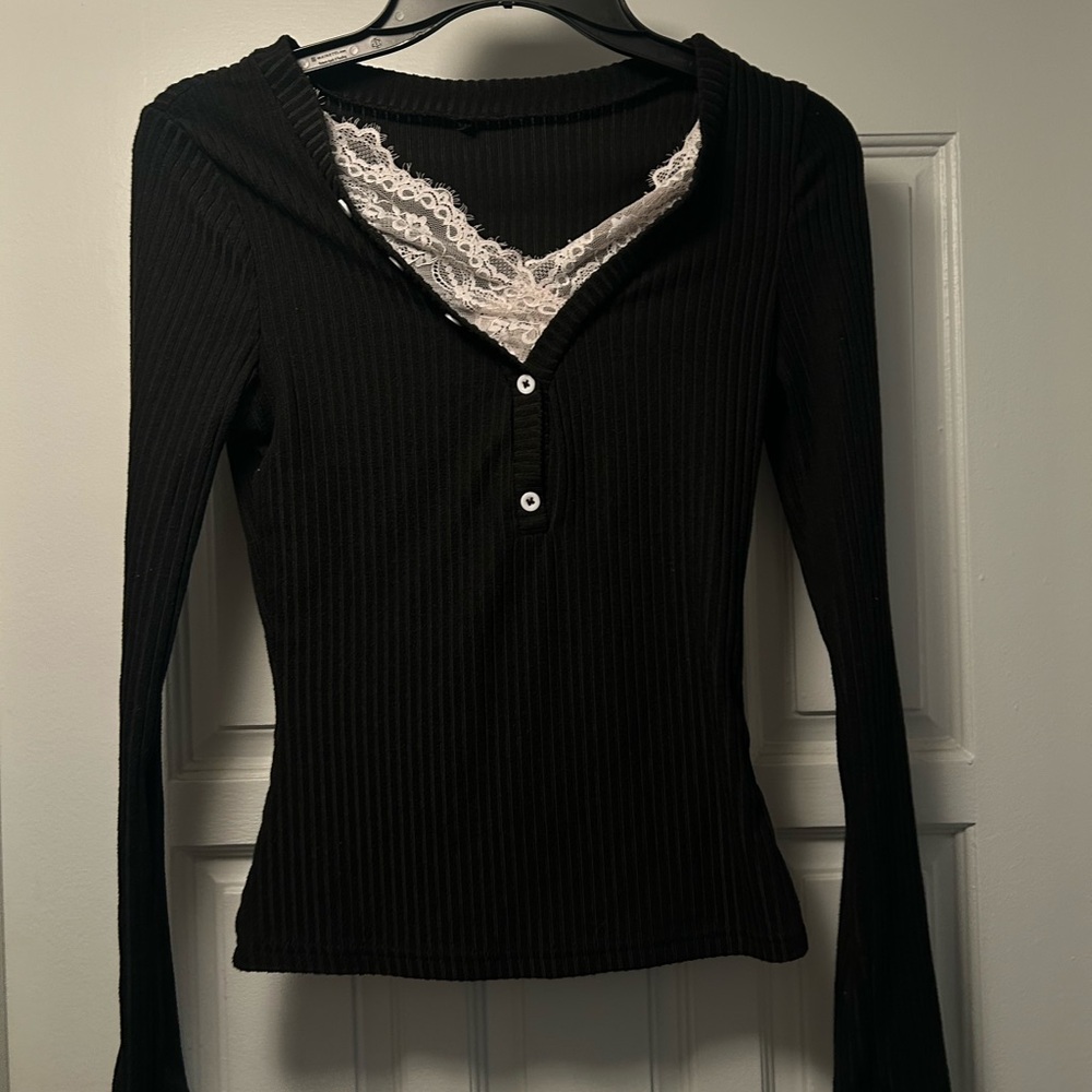 Black Ribbed Long Sleeve Top with Lace Detail